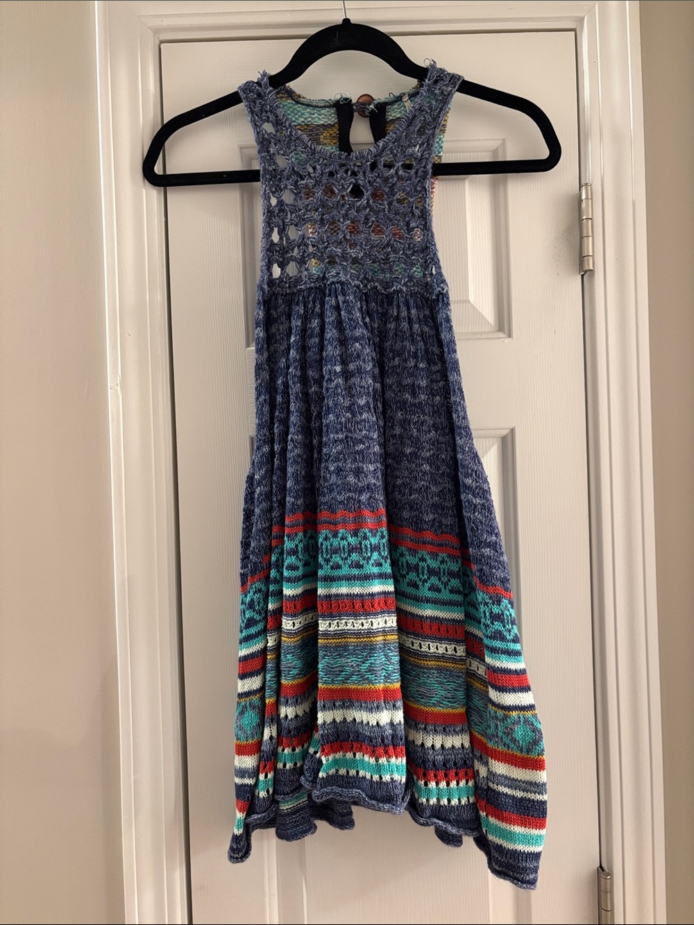 Free People Blue Crochet Bodice Multi-Stripe Knit Cover-Up Dress